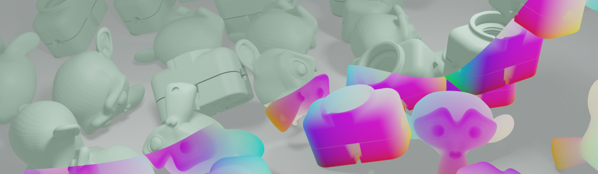 a header image visualizing a tless object and suzanne, both with diffuse texture and visualized normalized object coordinates (NOCs).